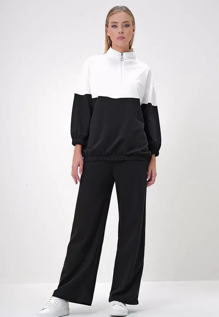 Women's Black Stand Collar Zippered Color Block Two Thread Top-Bottom Set Alc-X12887