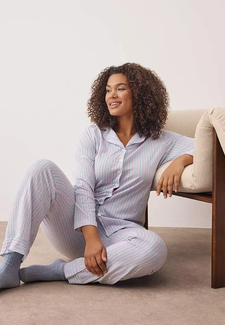 Lilac 100% Cotton Striped Shirt-Pants Knitted Pajama Set Tbbaw26Ai00017