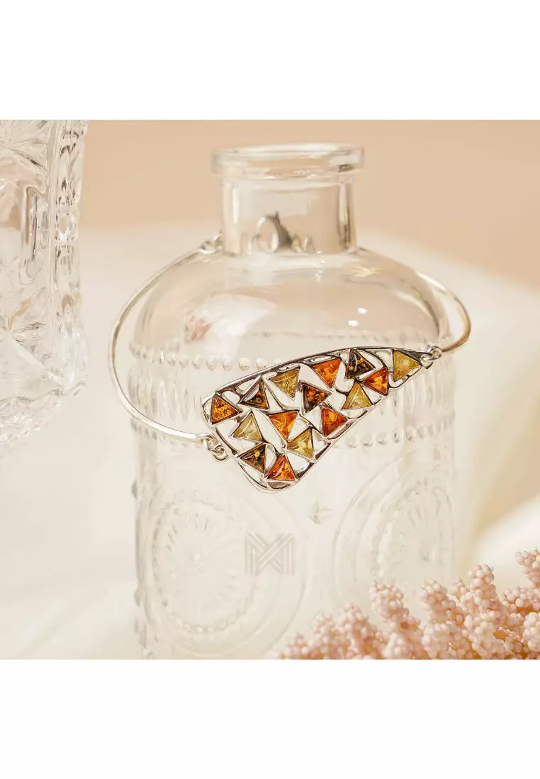 Multifaceted Baltic Amber Mulitple Studded Triangular Silver Bracelet with 925 Sterling Silver