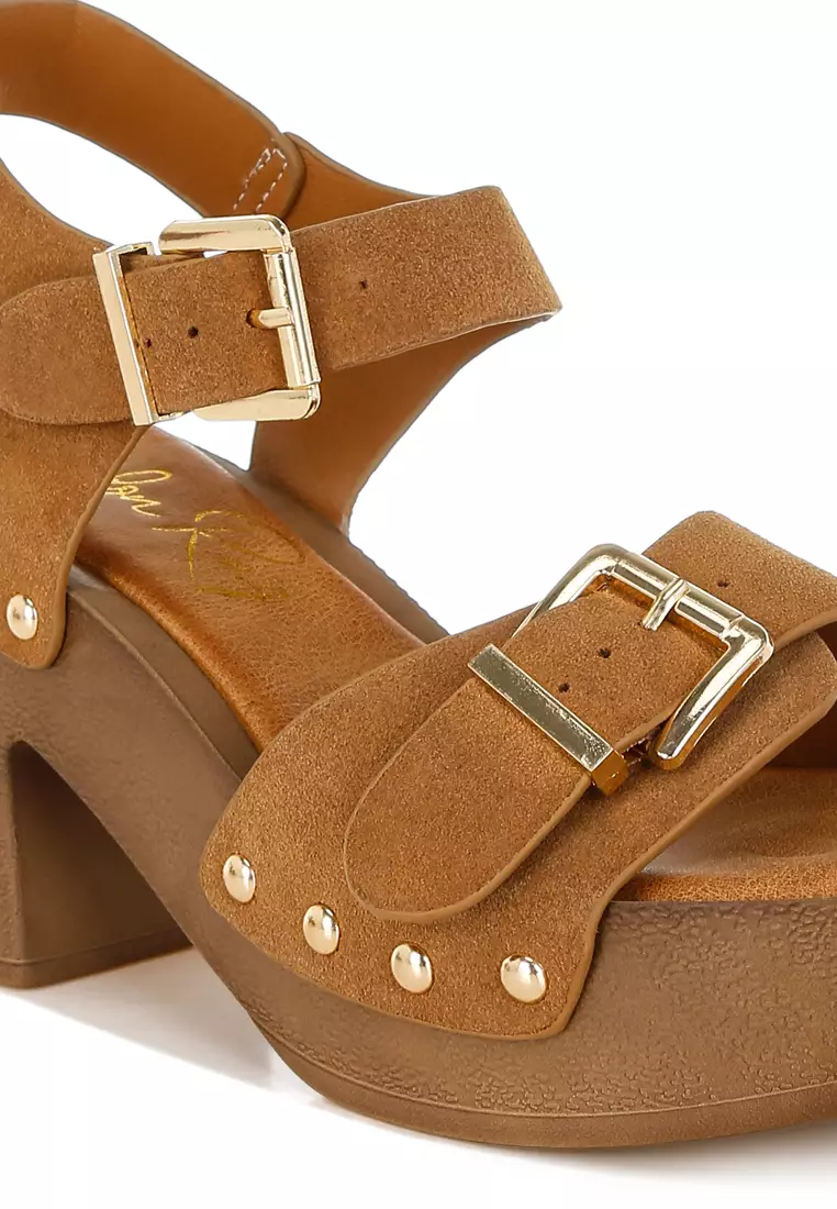 Real Suede Leather Clog Sandals In Tan