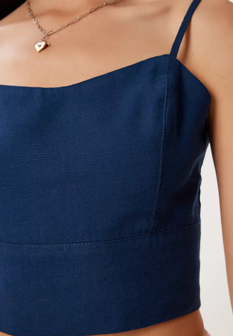 Women's Navy Blue Strap Crop Linen Blouse Mx00219