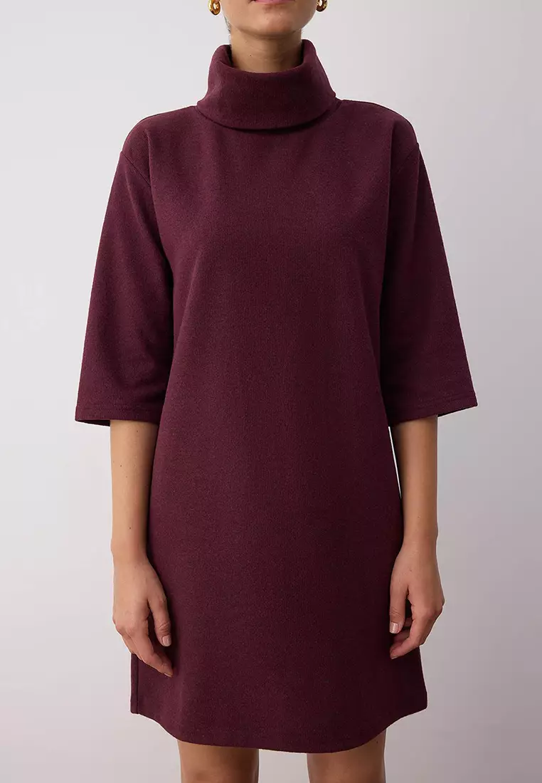 Plum Turtleneck Shift/Plain Mini Selanik Long Sleeve Knitted Dress