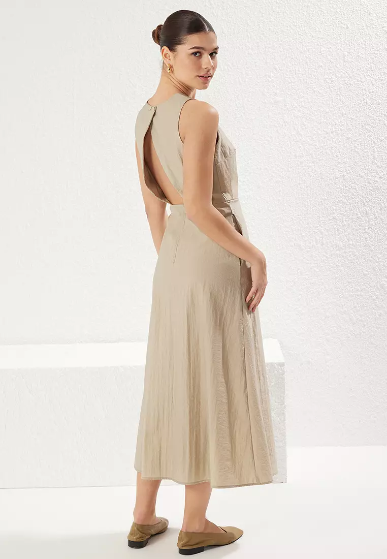 Dark Beige A Cut Back Detail Midi Woven Dress