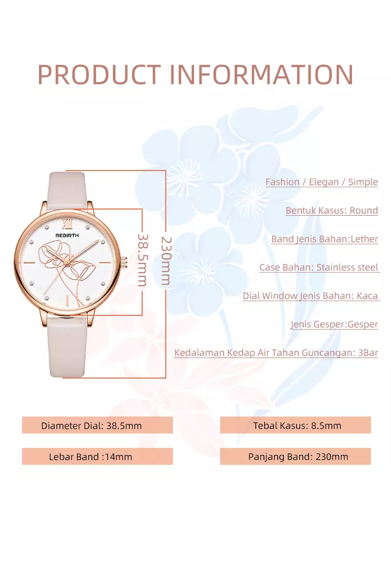 Jam Tangan Wanita Anggun Tali Kulit Display Kuarsa Tahan Air Jam Wanita Mode Jam Tangan Cewek pinkflower