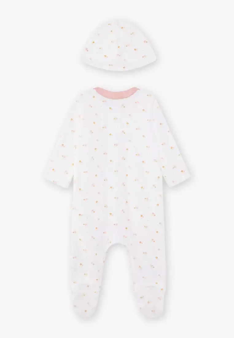 Off white sleepsuit and floral print beanie