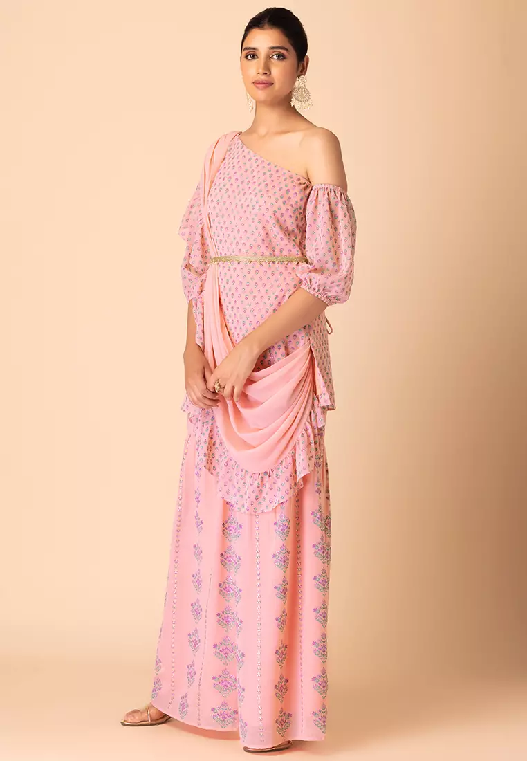 Pastel Pink Floral Print Sharara And Short Kurta With Attached Ruffled Dupatta And Belt (Set of 3)