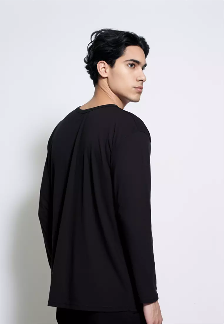 MTE52 Kaos Pria Simple jepang Tangan panjang thirddayco overlay outline logo Hitam