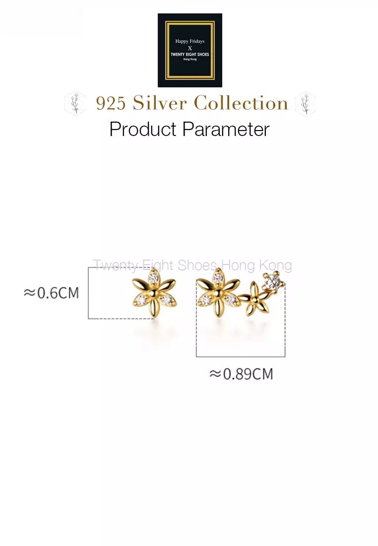 925 Silver Plated Gold Zircon Floral Asymmetric Earrings JW AR-G6378