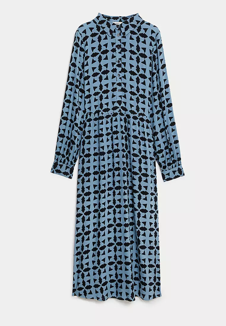 Printed Button Front Midi Shirt Dress