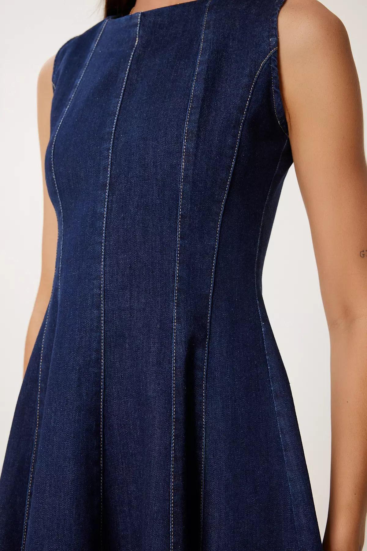 Women Dark Blue Flounced Mini Denim Dress Kq00012
