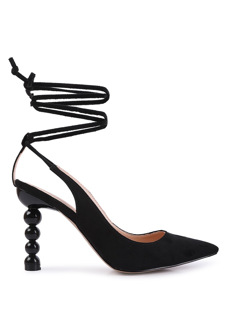 Black Faux Suede Cut Out Heel Laceup Sandals