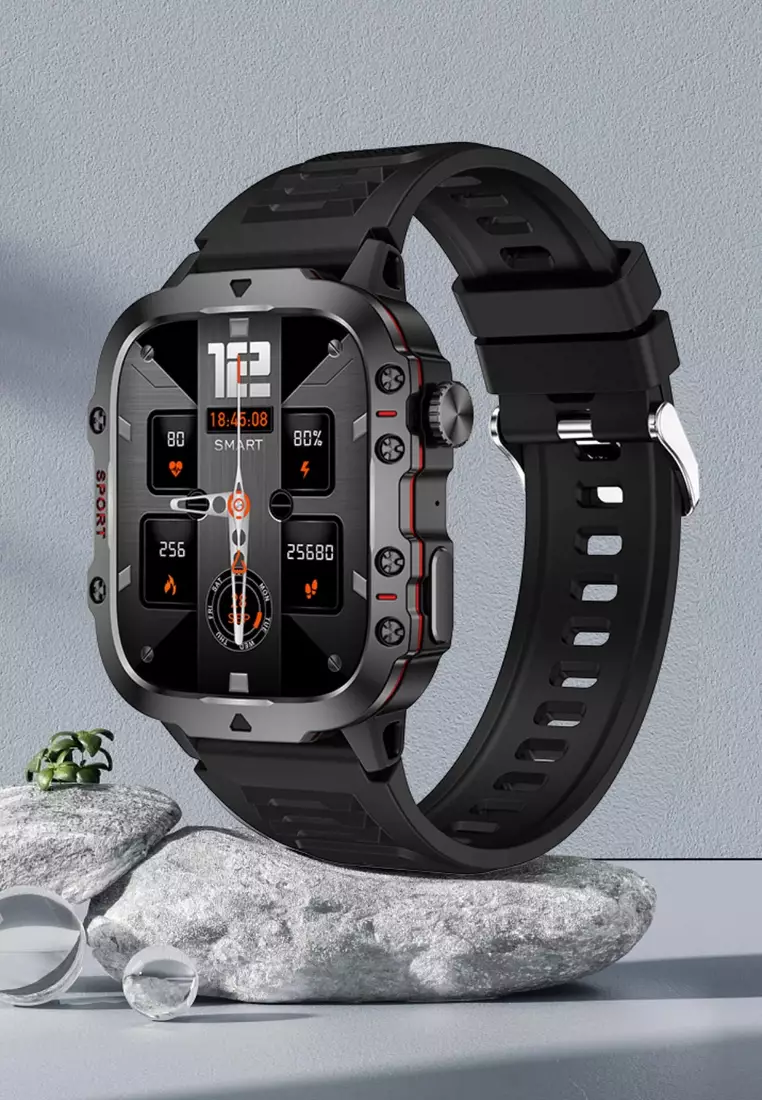 Unisex Smart Watch - Bluetooth Call - 1.96 Inch HD Screen 240x282 - Android/IOS - 3ATM Waterproof - Blood Pressure Monitoring - Metal Bracelet +1 Extra Rubber Strap