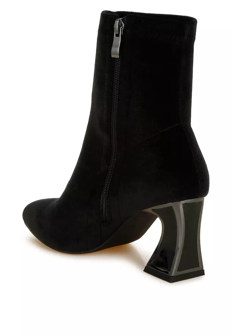 Black Flared Block Heel Velvet Boots