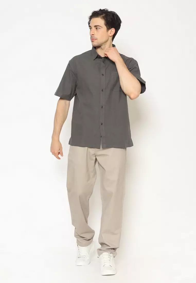 POLICE Kemeja Polos Relaxfit Cotton Slub Abu Pria