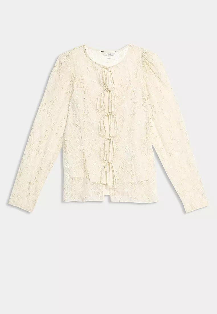 Lace Round Neck Tie Front Blouse