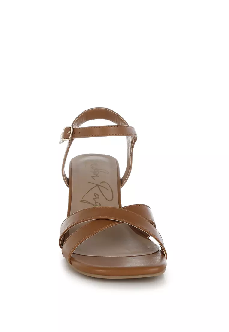 Square Toe Block Heel Sandals in Tan