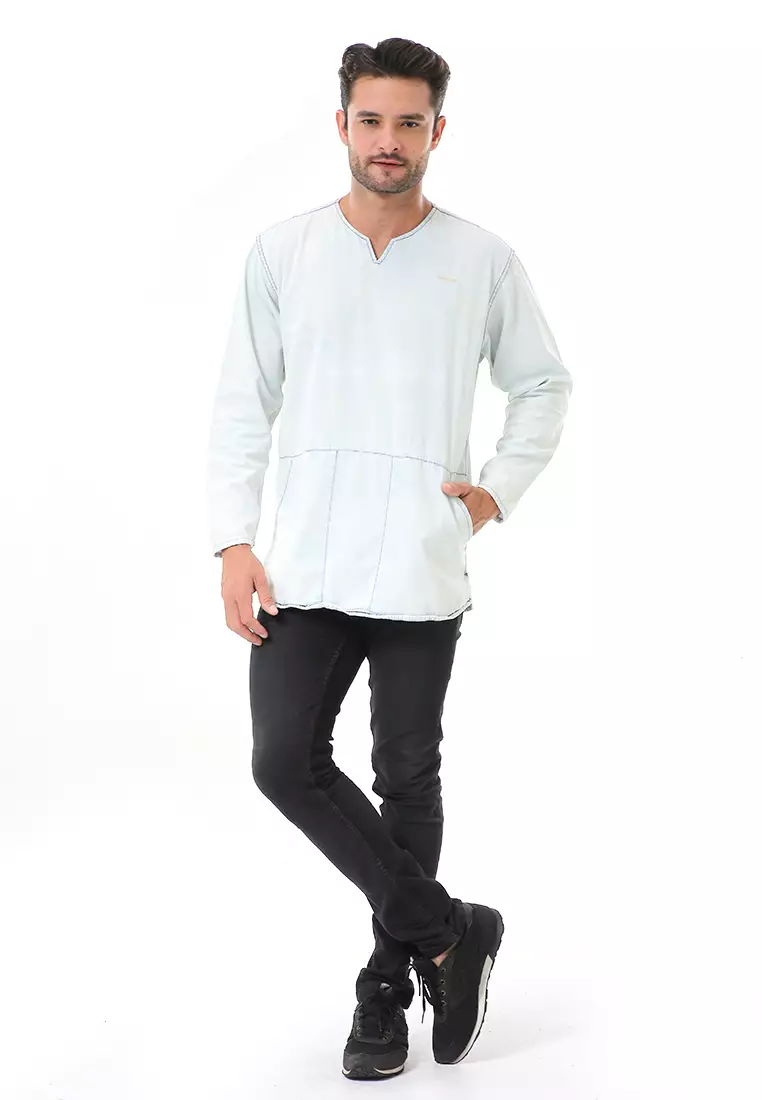 Leopold Kemeja Koko Jeans Pria Lengan Panjang Long Shirt Material Denim ORIGINAL - Soft Blue