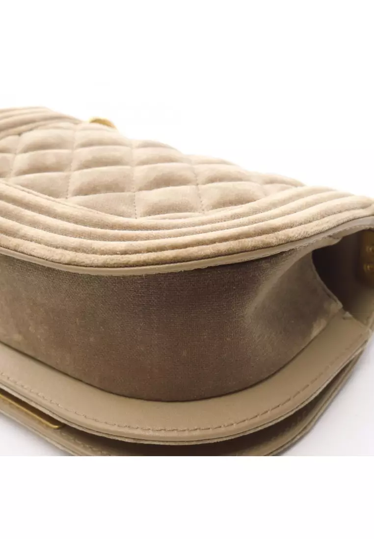 Pre-Loved Chanel boy chanel mini matelasse chain shoulder bag Velor Khaki brown gold hardware