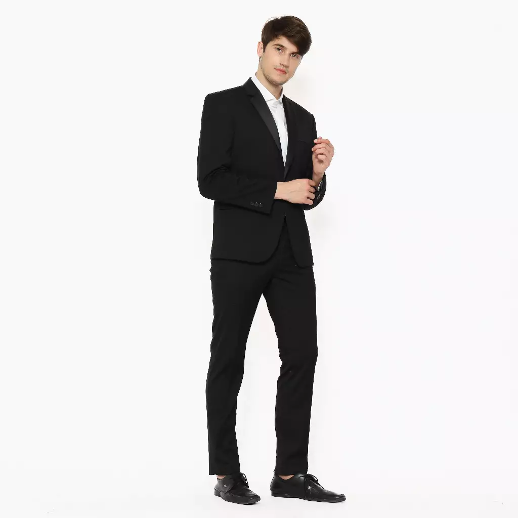 Lawell Jas Pria Hitam Tuxedo Formal Elegan – Regular Fit | Polyester Viscose Stretch | Motif Twill Kecil | Kancing 1 | TUXEDO