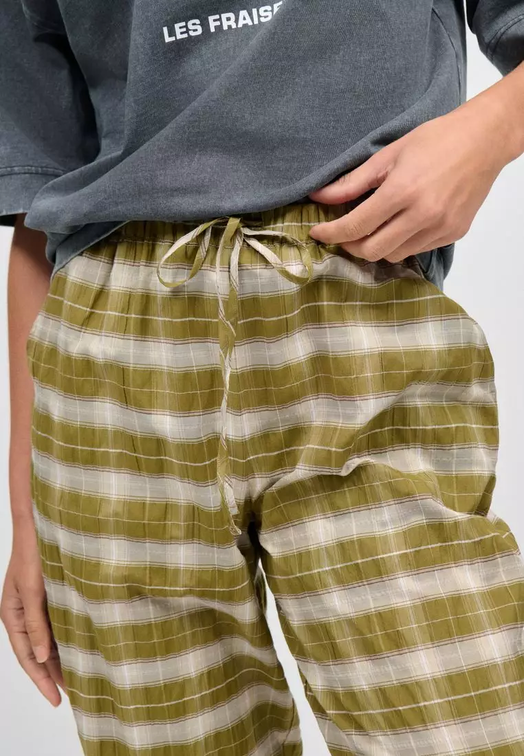 Wide Leg Pull On Check Trousers