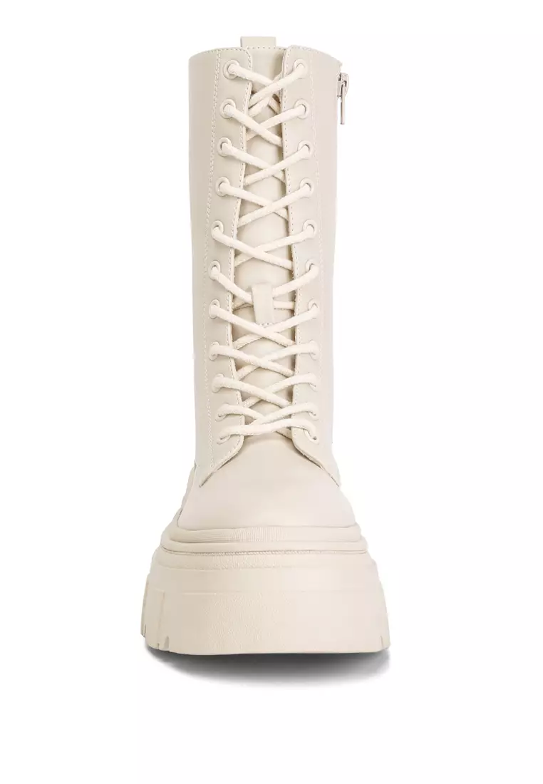 Ecru Faux Leather Combat Chunky Boots