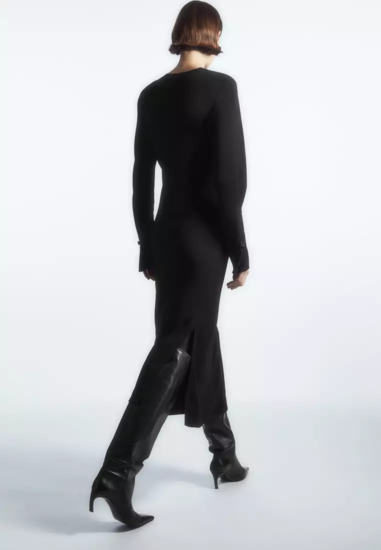 Power-Shoulder Satin-Panel Midi Dress