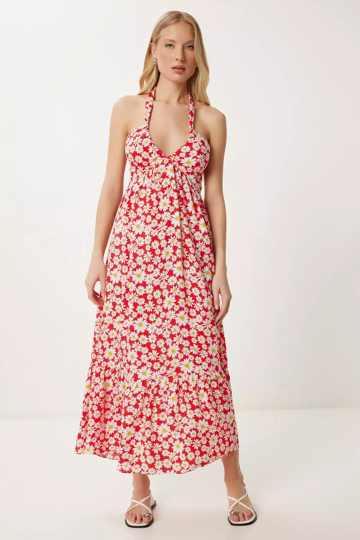 Women's Red Floral Patterned Summer Viscose Dress Fk00019