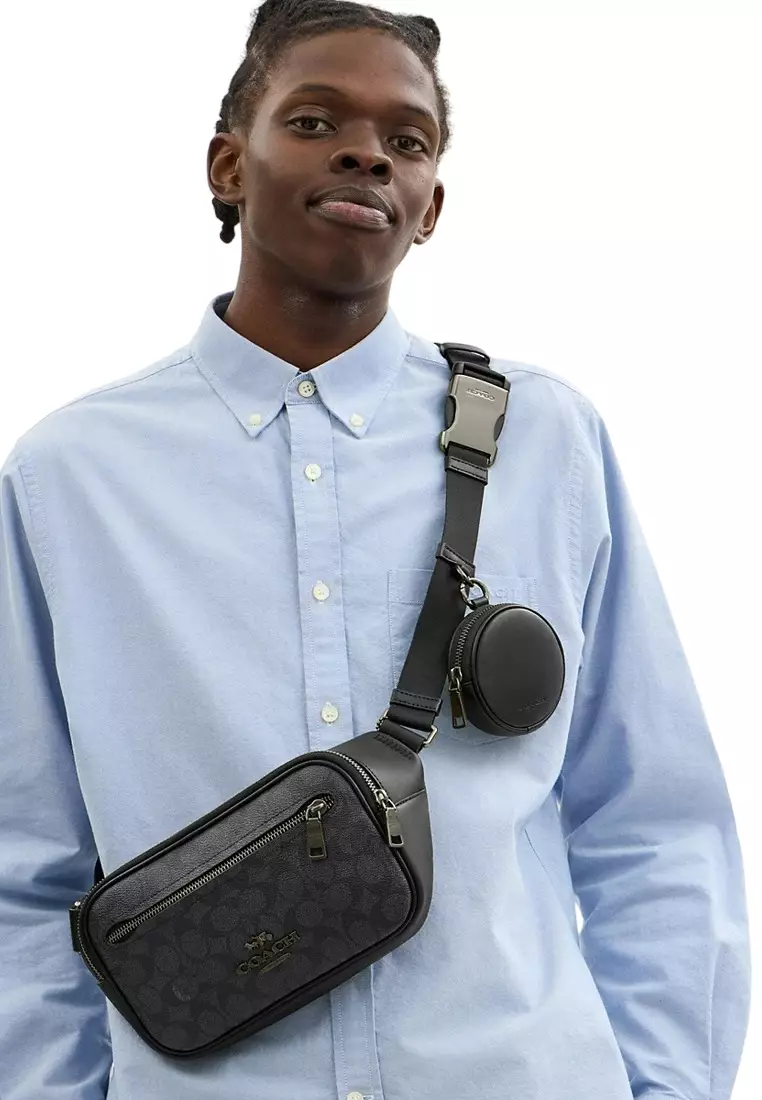 Buy Coach Mens Elias Belt Bag In Signature Canvas Charcoal/Black