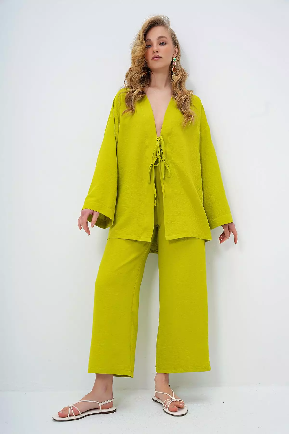 Women's Oil Green Lace-Up Kimono Jacket And Palazzo Pants Set Alc-X12452