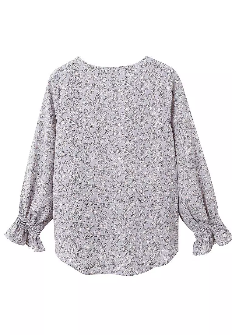 V領碎花傘襬荷葉袖雪紡上衣《AB16518》