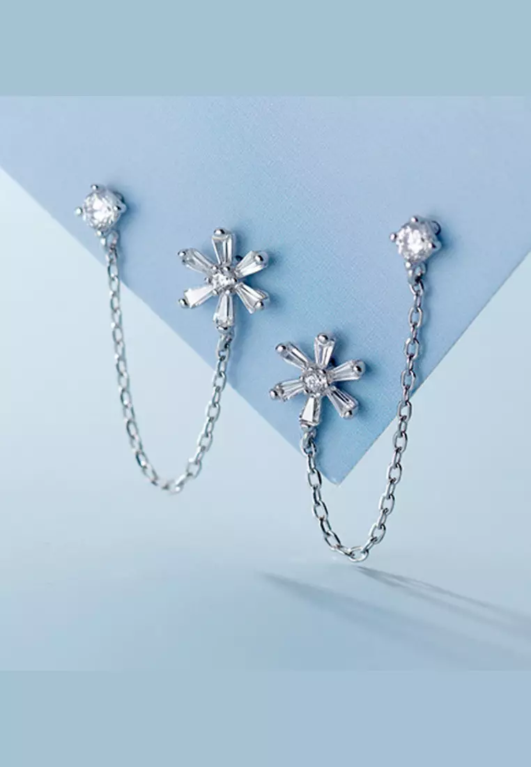 925 Silver Zircon Chain Floral Earrings JW AR-G5546