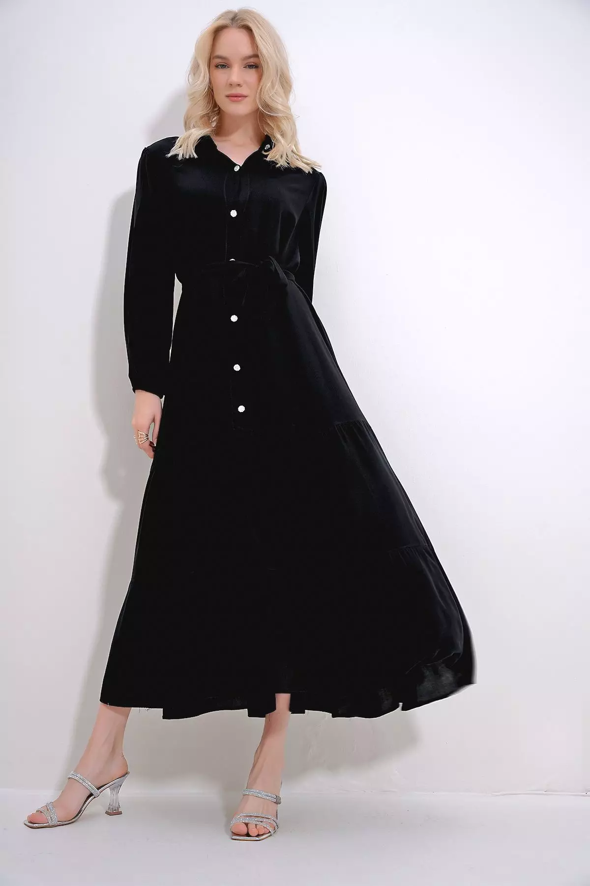Women's Black Shirt Collar Stone Button Detailed Skirt Frilly Woven Viscose Dress