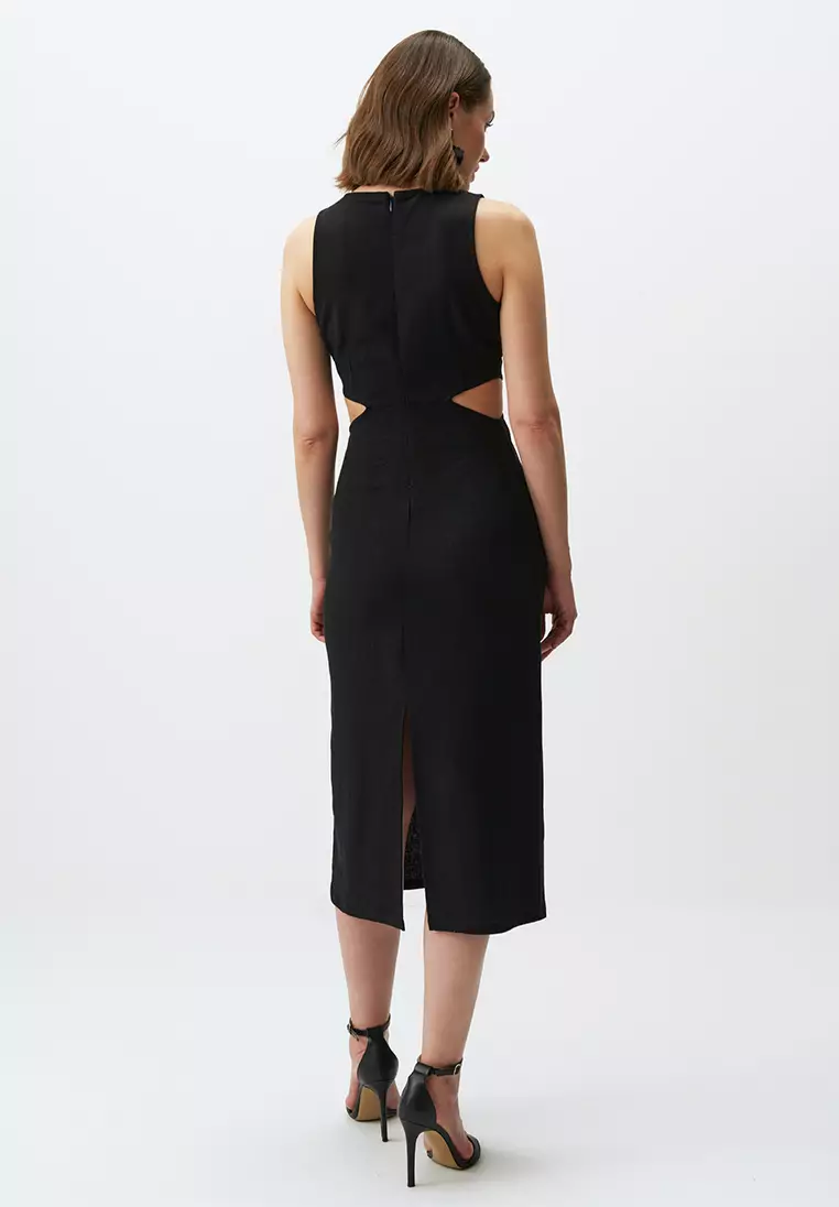 Jimmy Key Black Sleeveless Linen Midi Dress with Waist Detail