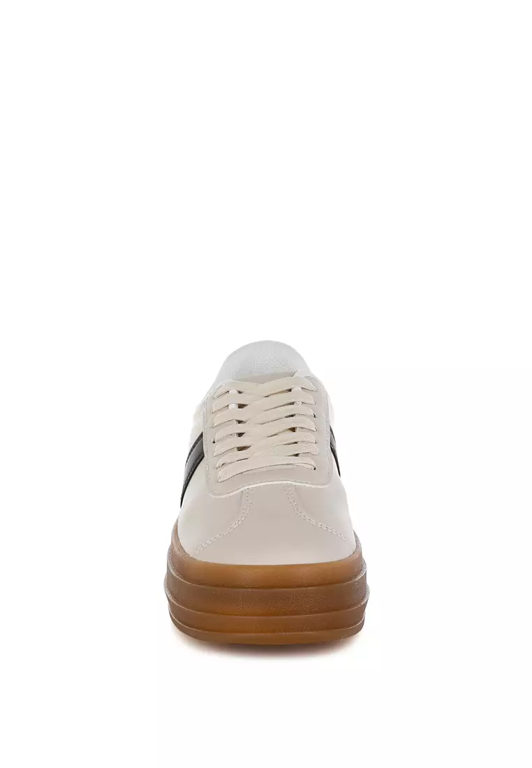 Faux Leather Lace-Up Sneakers in Off White