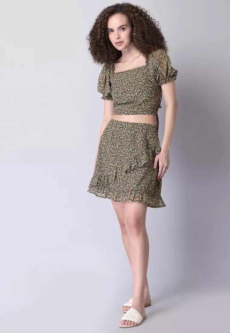Olive Floral Smocked Top And Ruffled Mini Skirt Co-ord Set