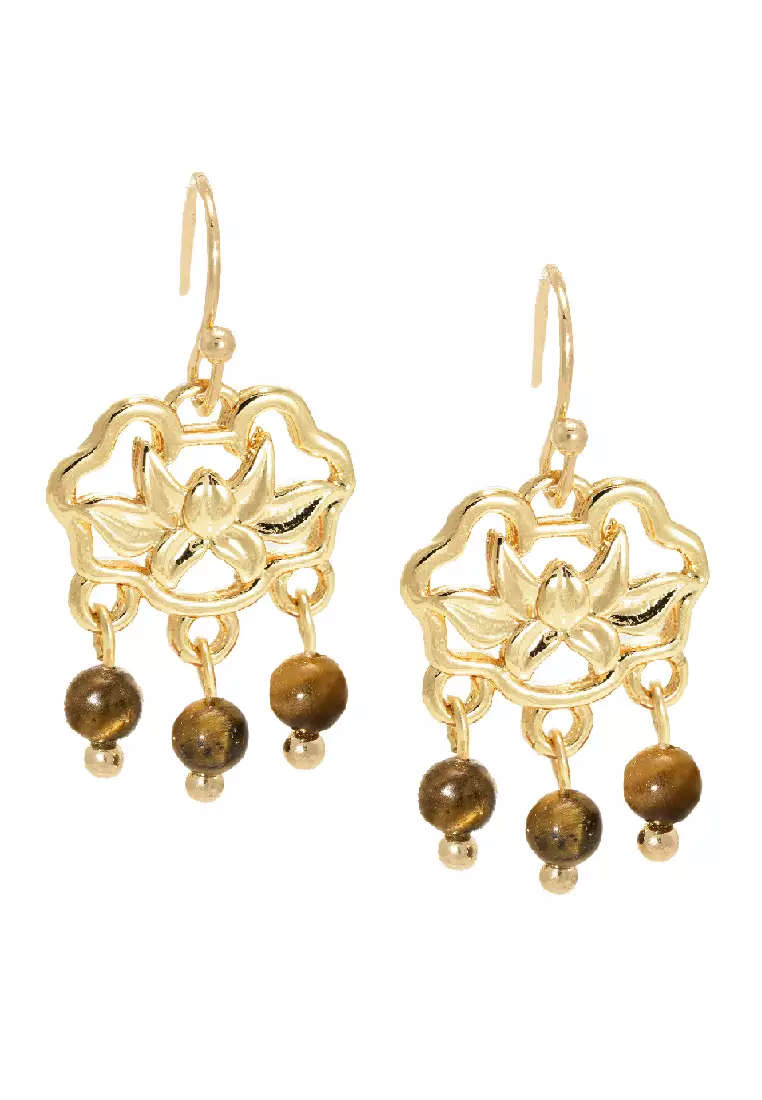 The Antecedent Store Longevity Lock Earrings With Tigers Eye 14K Real Gold Plated Jewelry