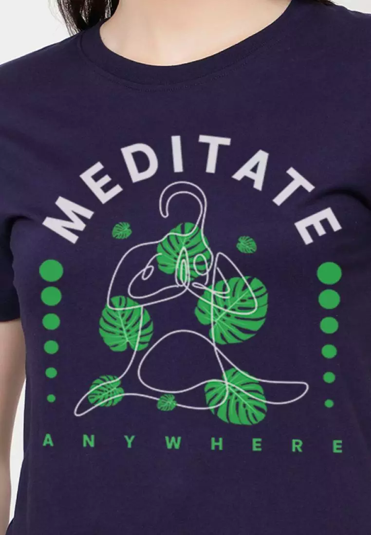 Meditate Anywhere Relaxed Short Sleeve Stylish Navy Blue Cotton Casual Graphic Print Tee/TShirt