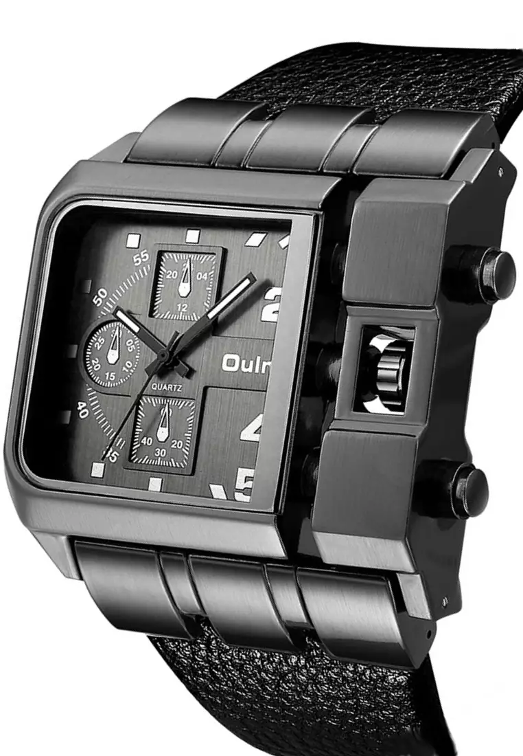 Very Large Men's Quartz Watch - 53x53mm - IP Black Steel case, Black Dial, Black Leather Strap