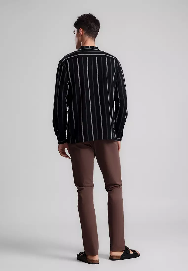 MANZONE - Kemeja Shanghai Lengan Panjang Pria Akhyar Comfort Fit - Black Warna Black