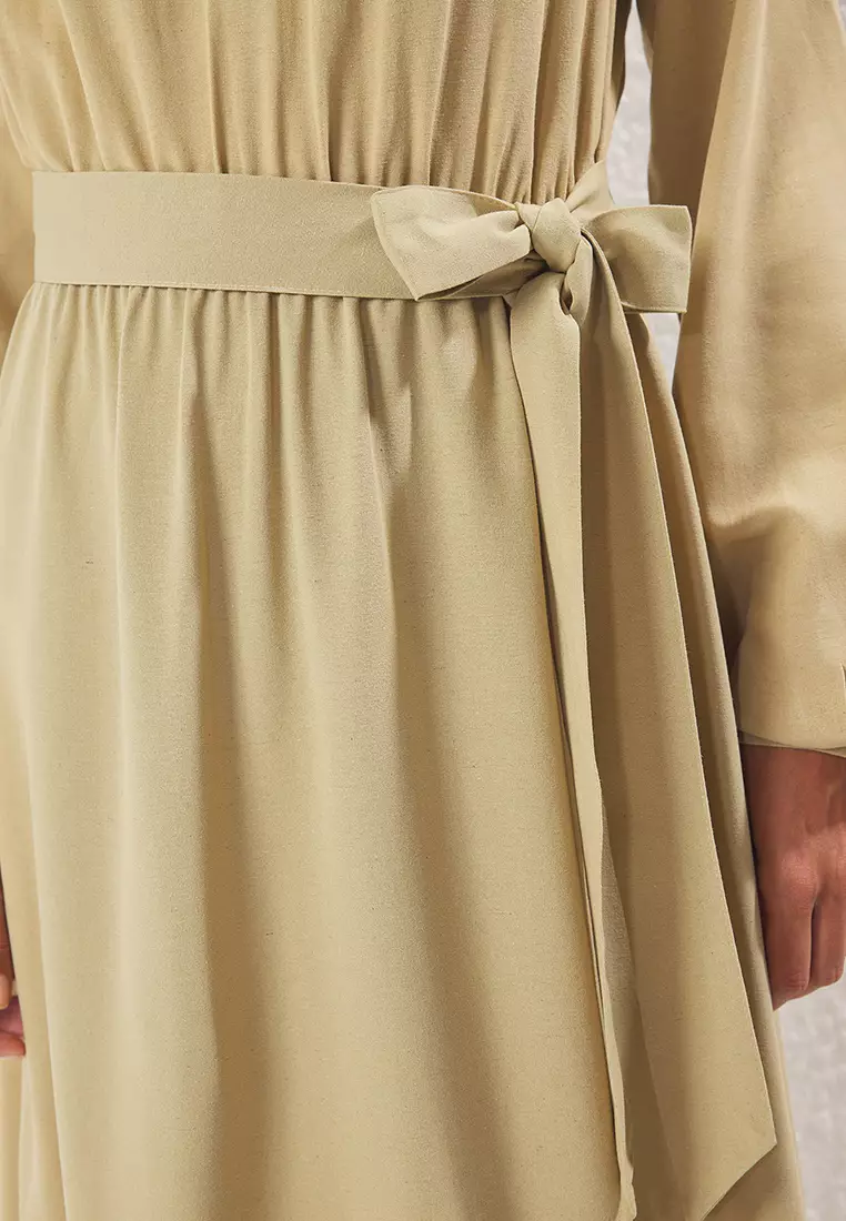 Khaki Elastic Waist Linen Woven Dress TCTSS25EB00124