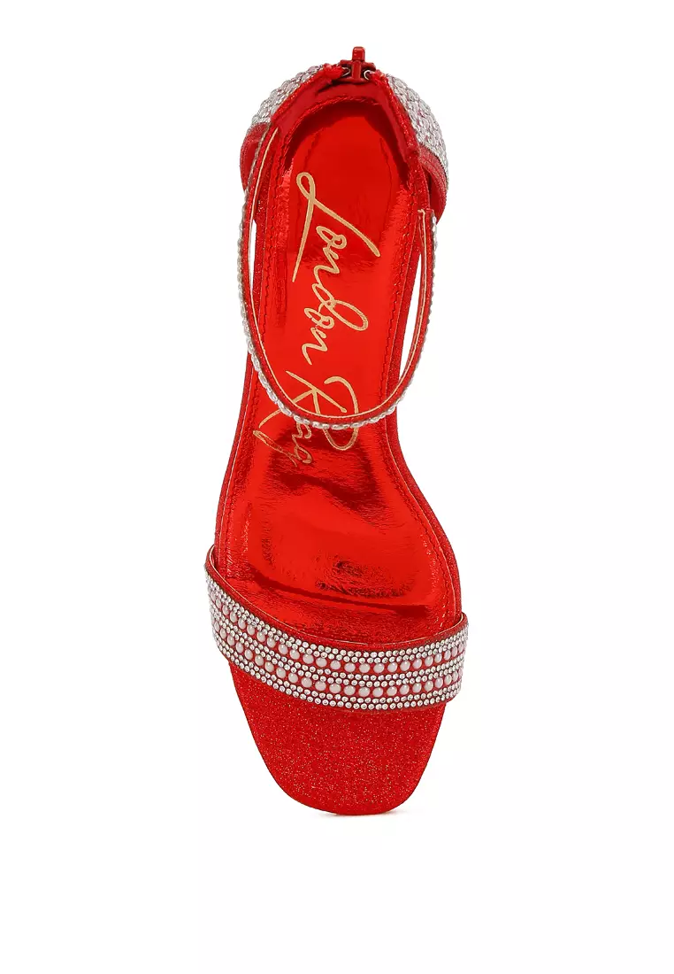 Sandal Berlian Imitasi Dan Hiasan Mutiara Warna Merah