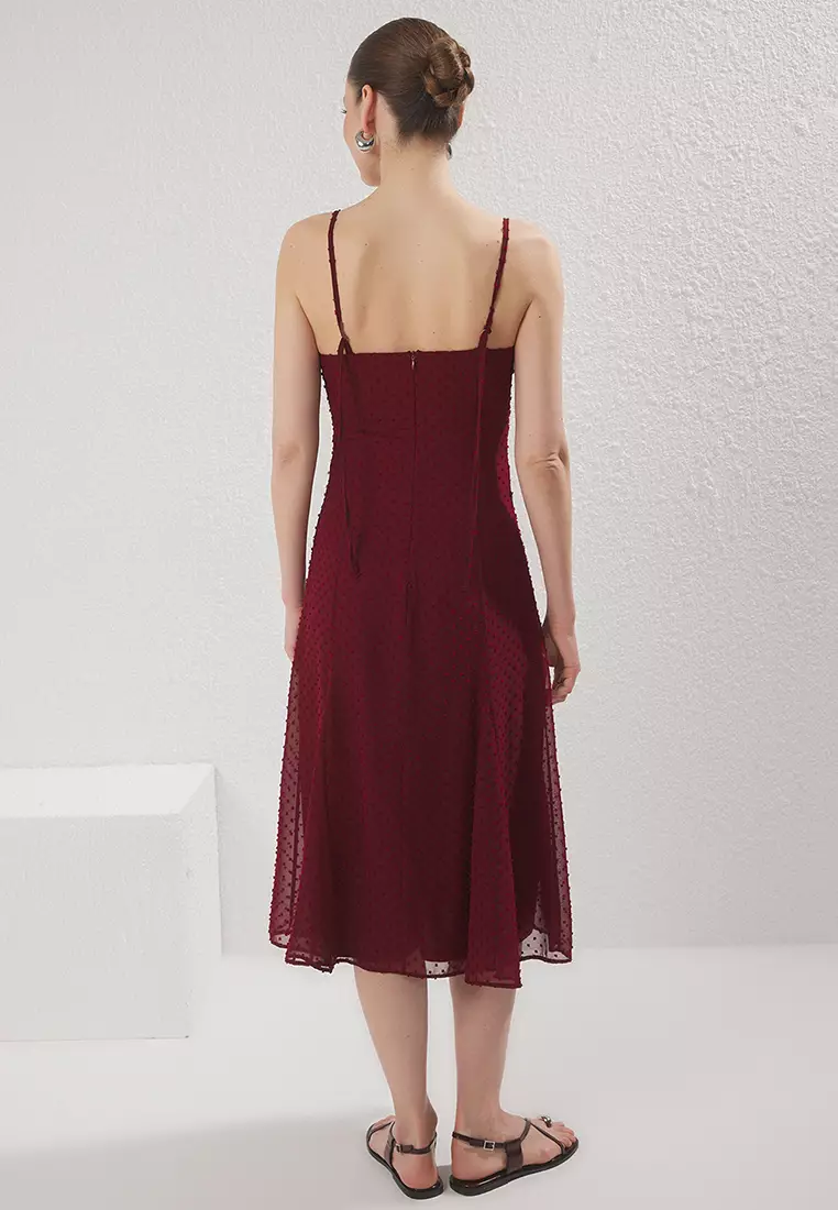 Dark Cherry Straight A Cut Fabric Featured Midi Woven Dress TWOSS25EL00558