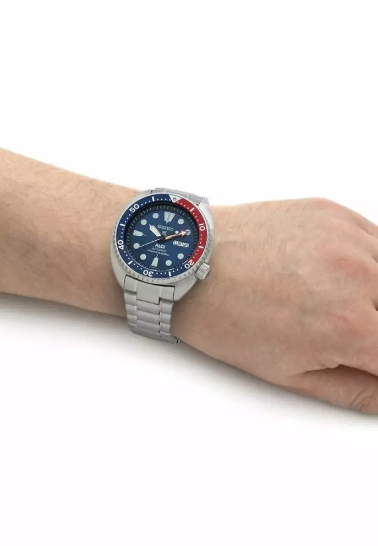 Seiko Prospex 'Turtle' PADI Special Edition Blue Dial With Red & Blue Bezel Stainless Steel Band Automatic SRPE99K1
