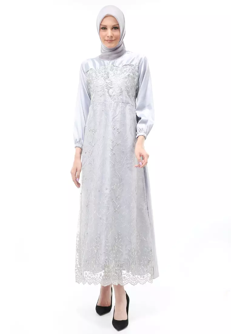 Monita Gamis Brokat Tile Wanita Muslimah Regular Fit - Grey