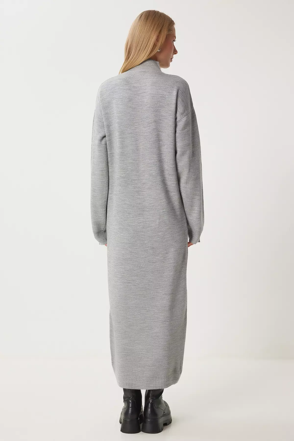 Women'S Gray Melange Turtleneck Long Knitwear Dress Dd01344