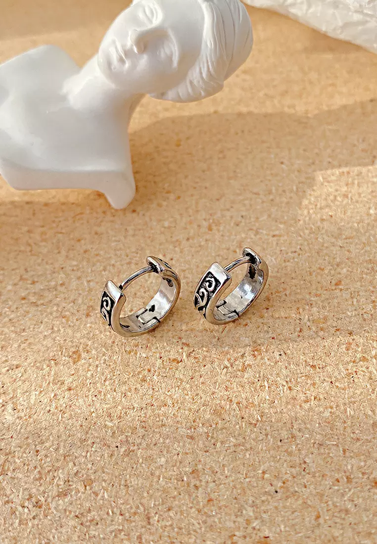 Unisex Titanium Steel Vintage Pattern Hoop Earrings JW OK-728