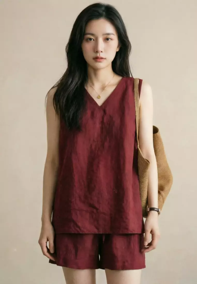 Korean-style Relaxed Linen Tank Top & Shorts Set CA26041054RD