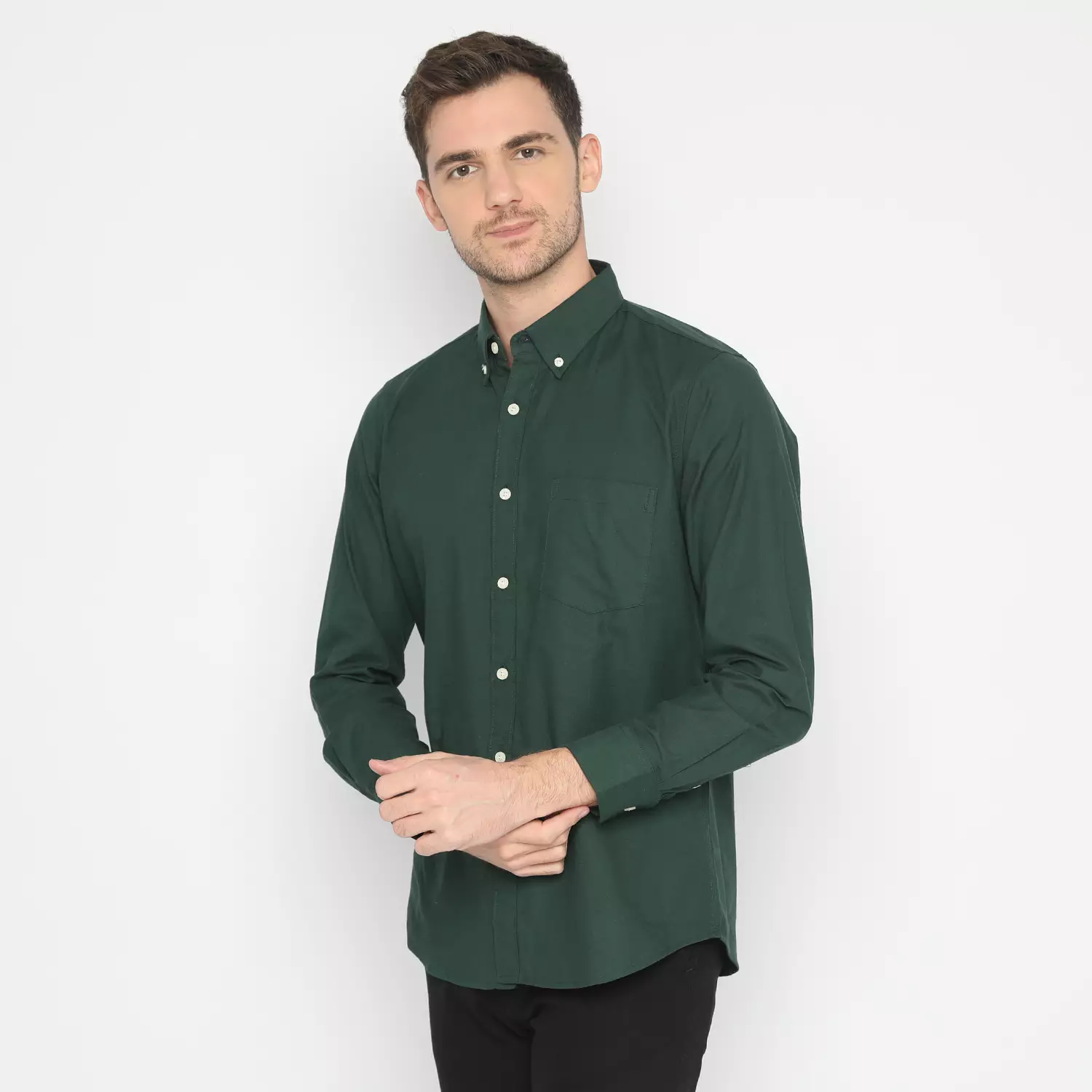 Platini Kemeja Pria Polos Lengan Panjang Katun Oxford Hijau Botol 66211