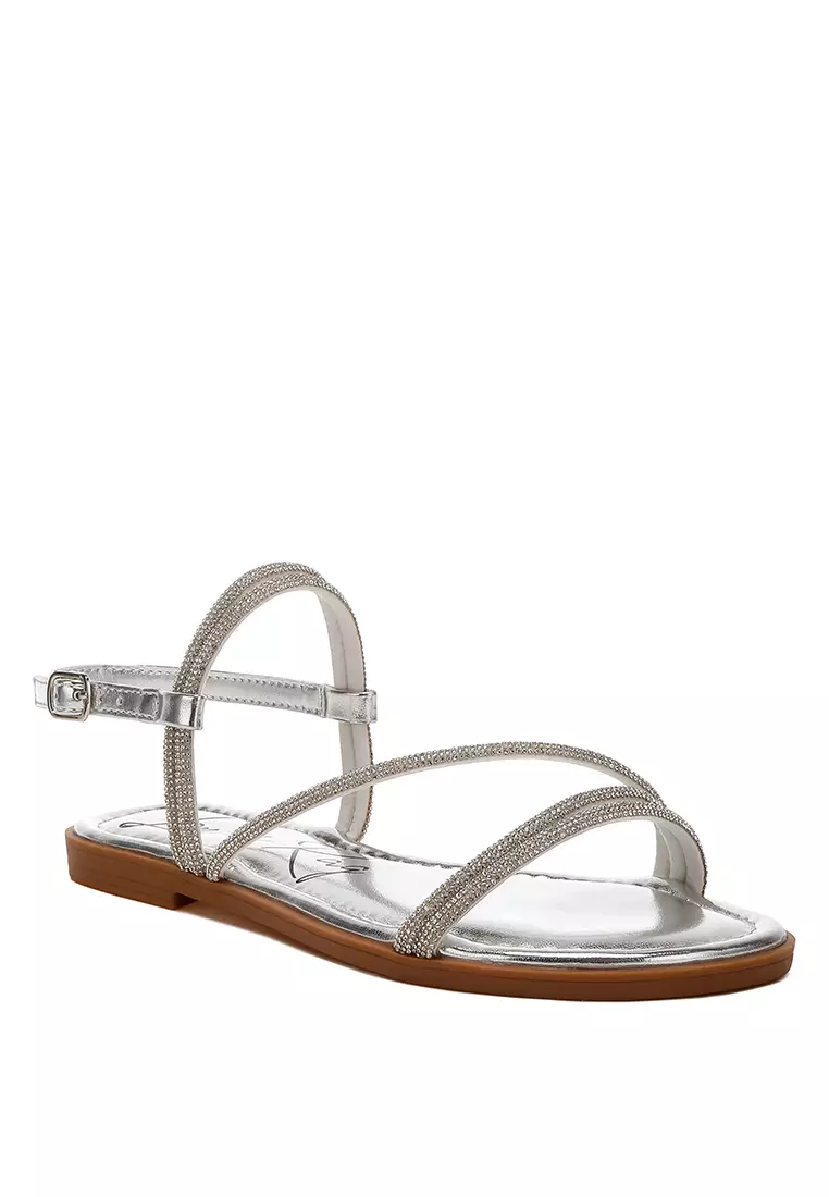 Rhinestone Strappy Flat Sandals in Silver