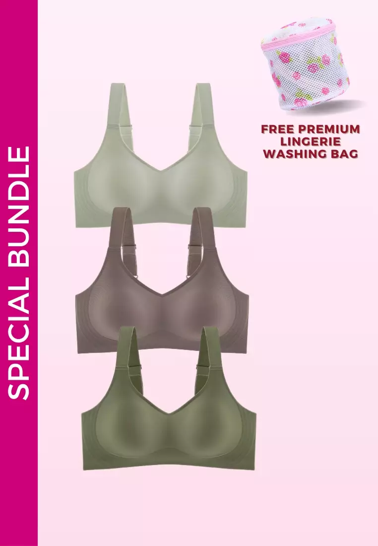 3 Pack Premium Melinda Seamless Wireless Padded Support Bra in Grey, Brown and Green